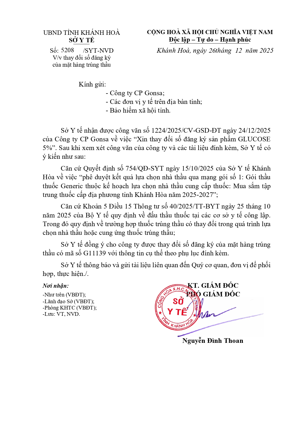 V/v thay đổi số đăng ký của mặt hàng trúng thầu